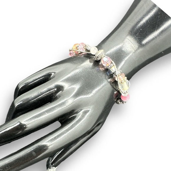 Sterling Silver Breast Cancer Awareness Bracelet Cat's Eye Glass Beads Toggle - Picture 2 of 7